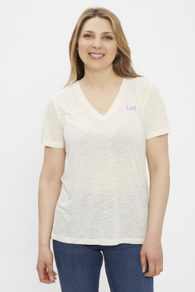 T-shirt col V lin mélangé beige