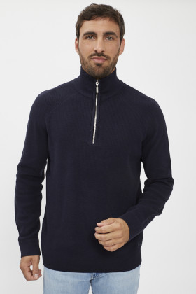 Pull col zippé bleu marine coton mélangé