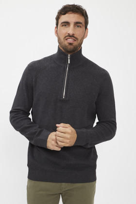 Pull col zippé anthracite coton mélangé