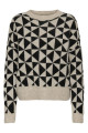 Pull col rond beige motifs géométriques losanges noirs