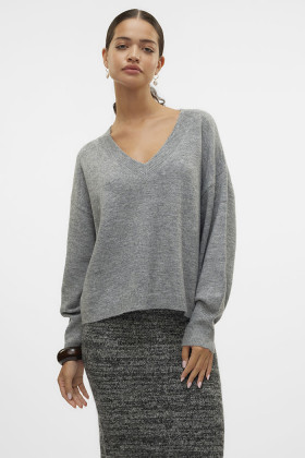 Pull col V gris chiné femme