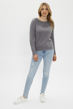 pull gris col dentelle femme