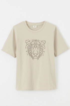 T-shirt Tigre et strass beige clair manches courtes